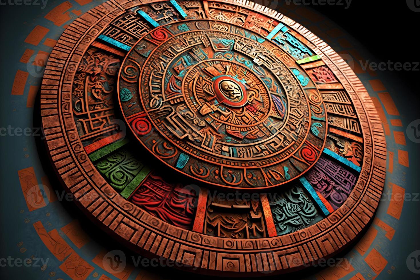 Close view of the ancient Aztec mayan calendar with round pattern and relief on stone surface. Neural network generated art photo