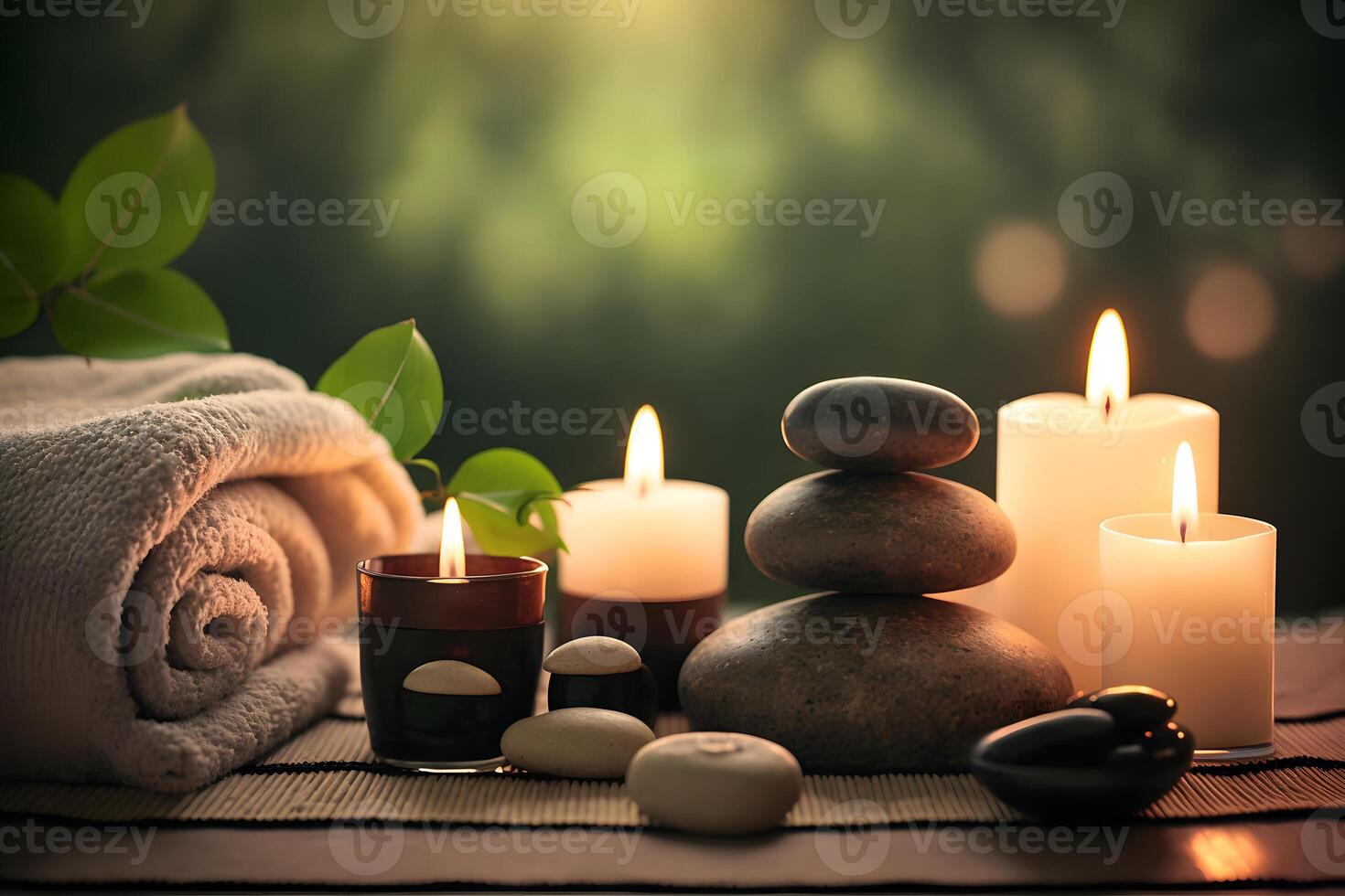 belleza spa tratamiento y relajarse concepto. caliente Roca masaje ajuste iluminado por velas neural red ai generado foto