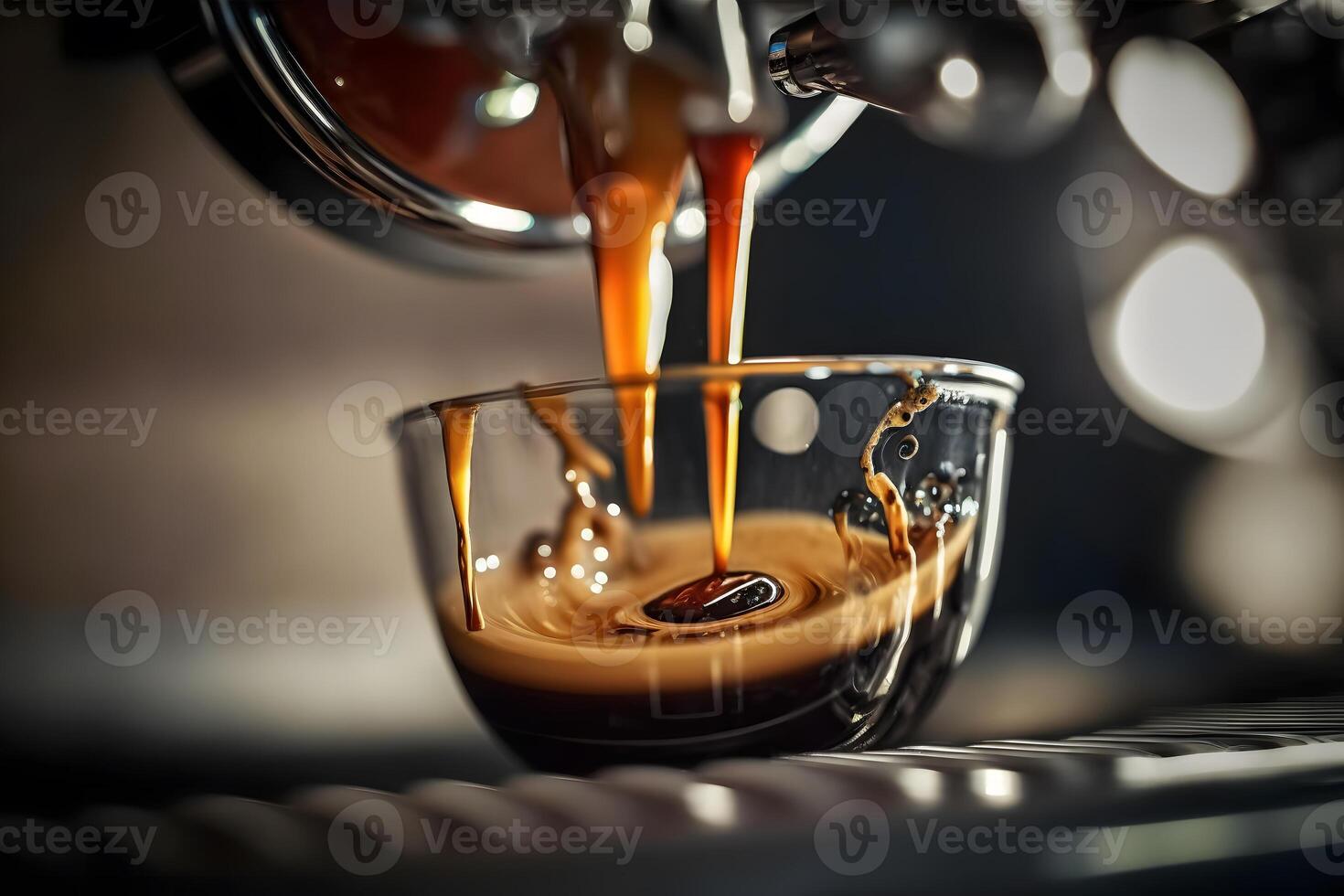 Coffee made in professional espresso machine pouring into a cup. Neural network photo