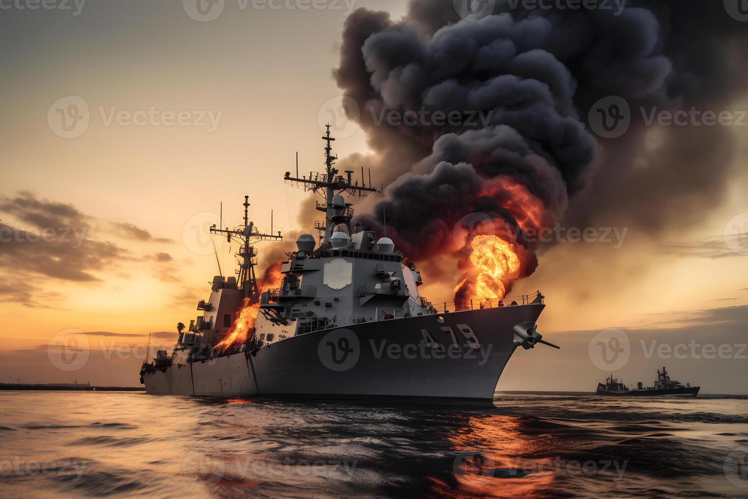 War concept. Night battle scene at sea. warship on fire. Neural network photo