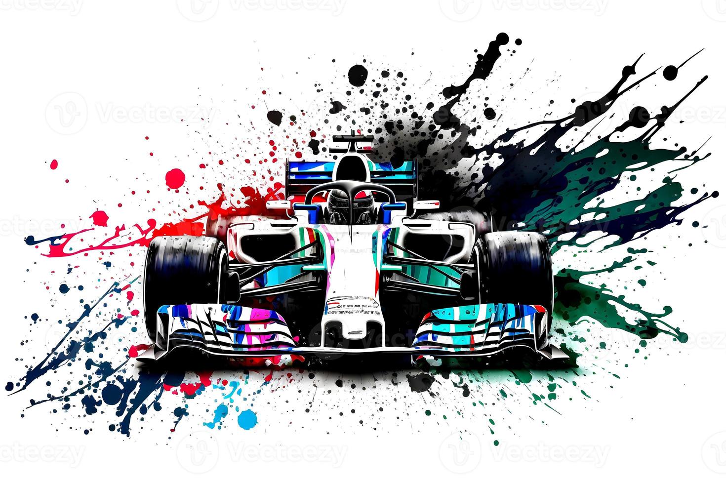 formula one race red car on watercolor rainbow splash, isolated on white. Neural network generated art photo