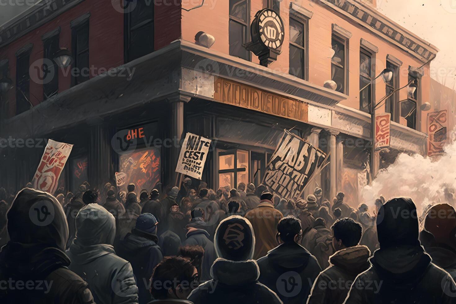 The crowd riots in the street, protests. Neural network generated art