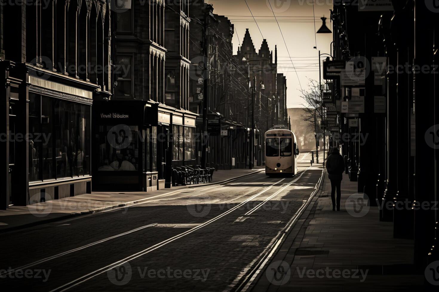 Landscape view of an empty street of a black and white city. Neural network photo