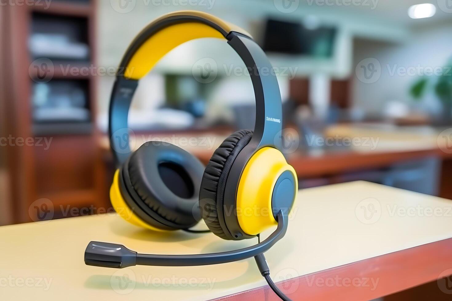 Headphones on table wood. Neural network photo