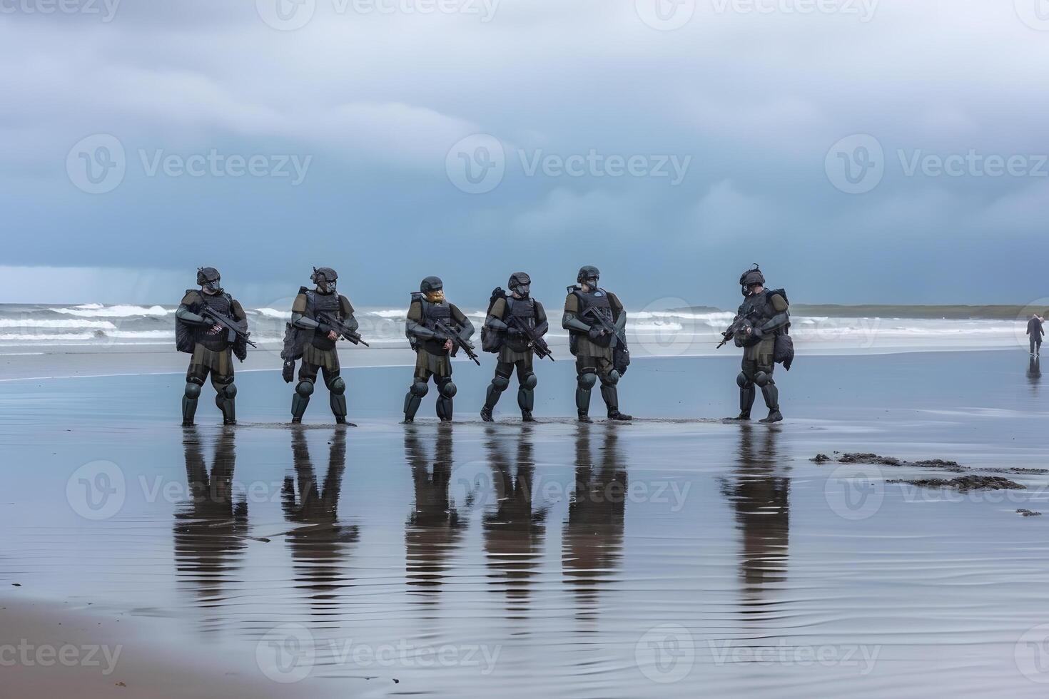 especial efectivo soldados con arma tomar parte en militar maniobra. guerra, ejército, tecnología y personas concepto. neural red ai generado foto