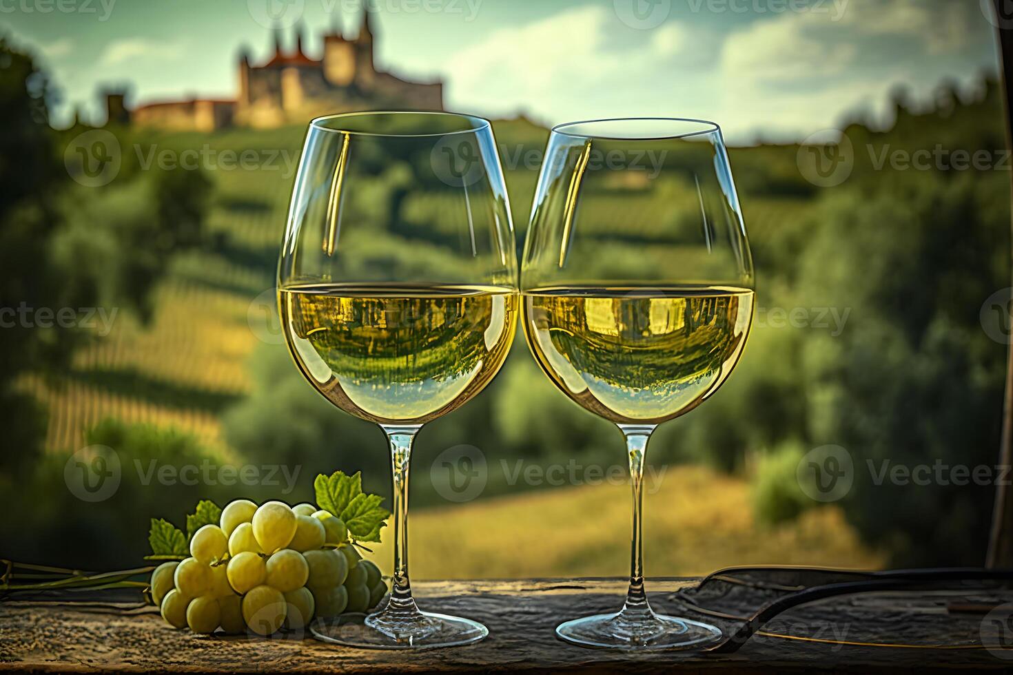 a glass of white wine, ripe grapes on the background of a vineyard. Neural network photo