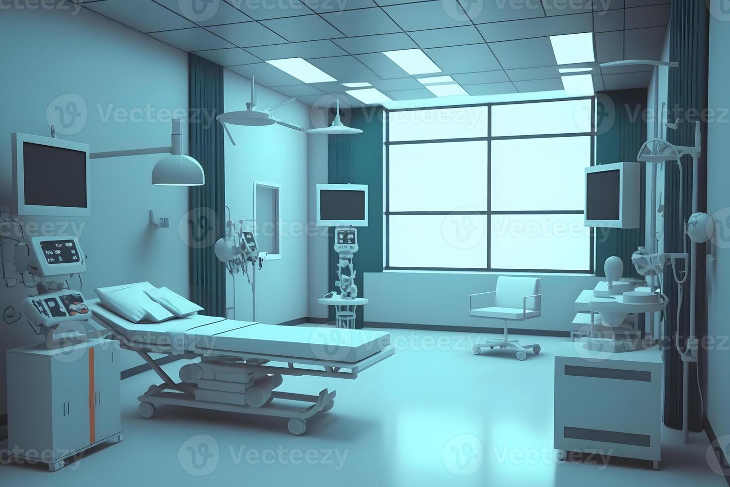 Interior of operating room in modern clinic with computer equipment. Neural network photo