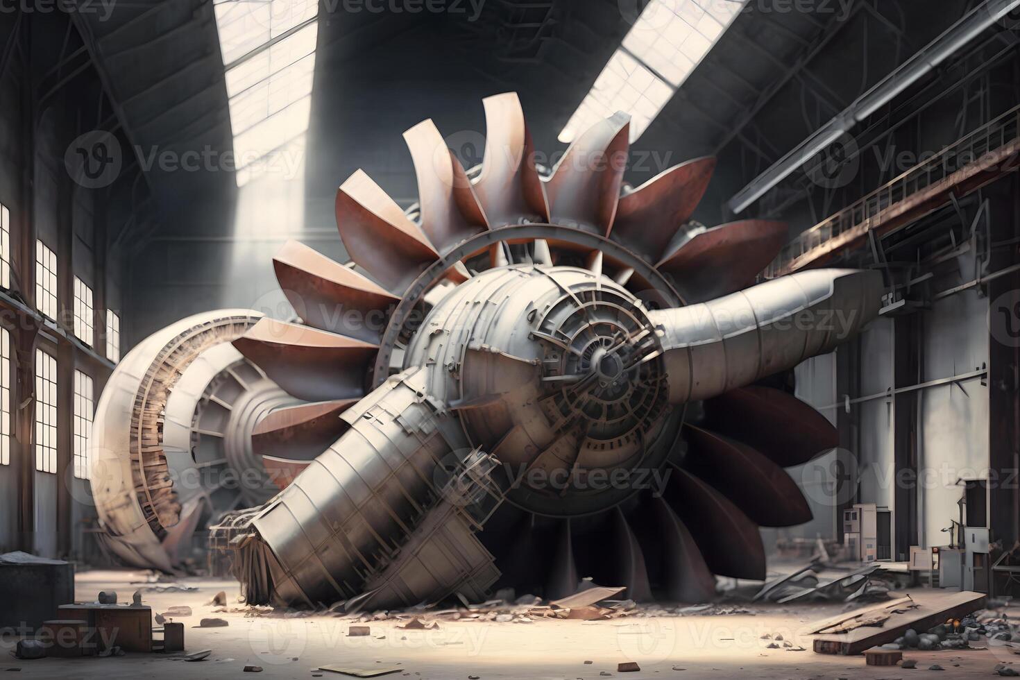 workers assembling and constructing gas turbines in a modern industrial factory. Neural network photo