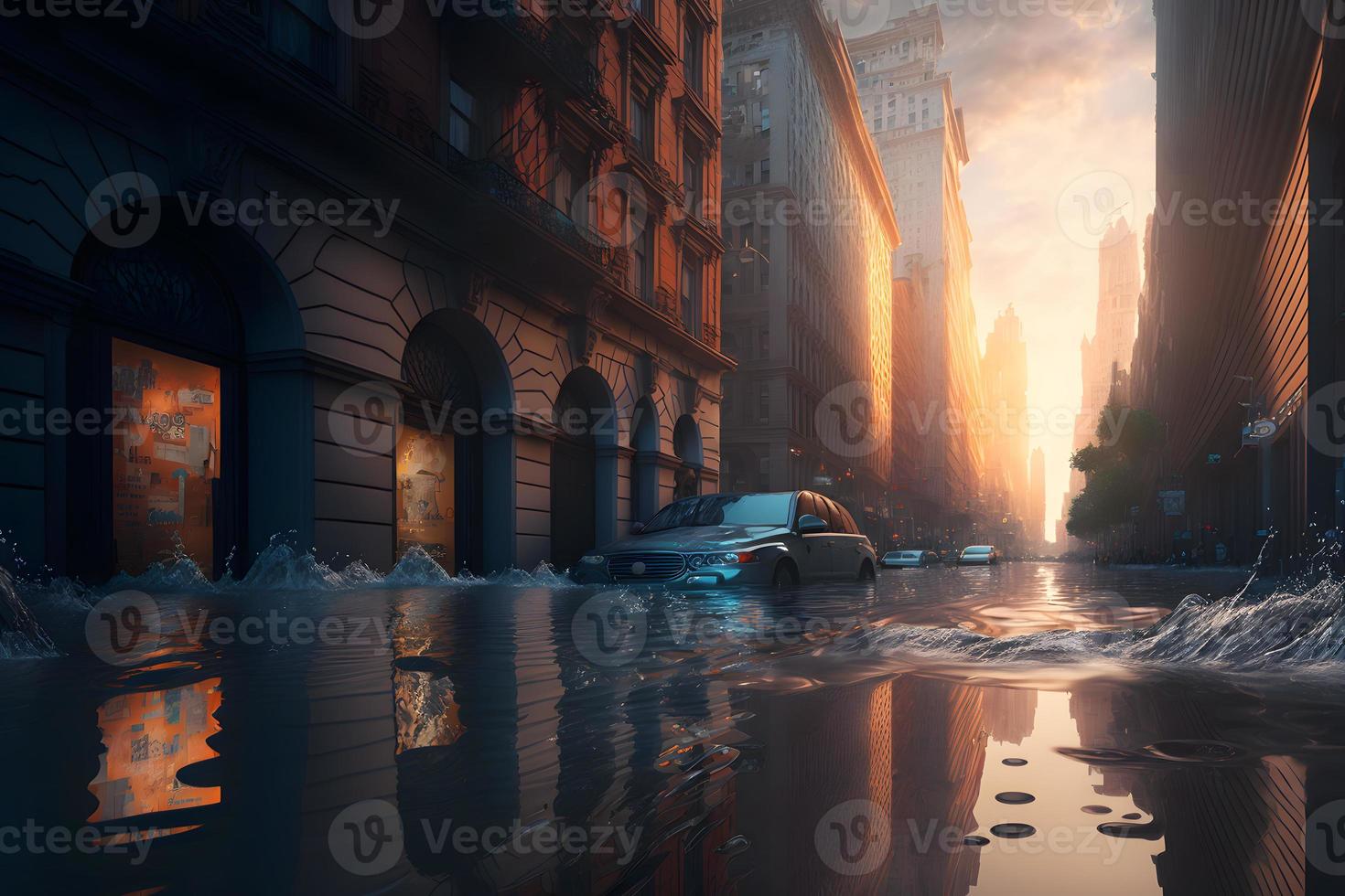 Flood in city center with light sky after heavy rain. Neural network generated art photo