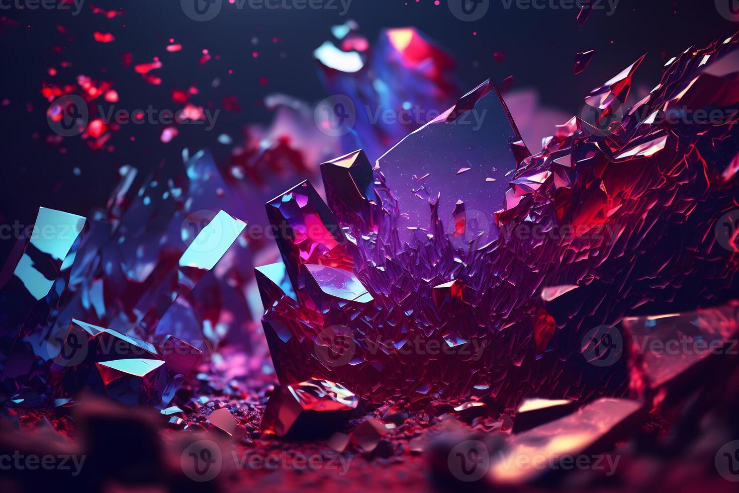 Abstract art background with part of surreal ruby gemstone crystal with prism reflection in fractal triangles structure in purple colors. Neural network photo