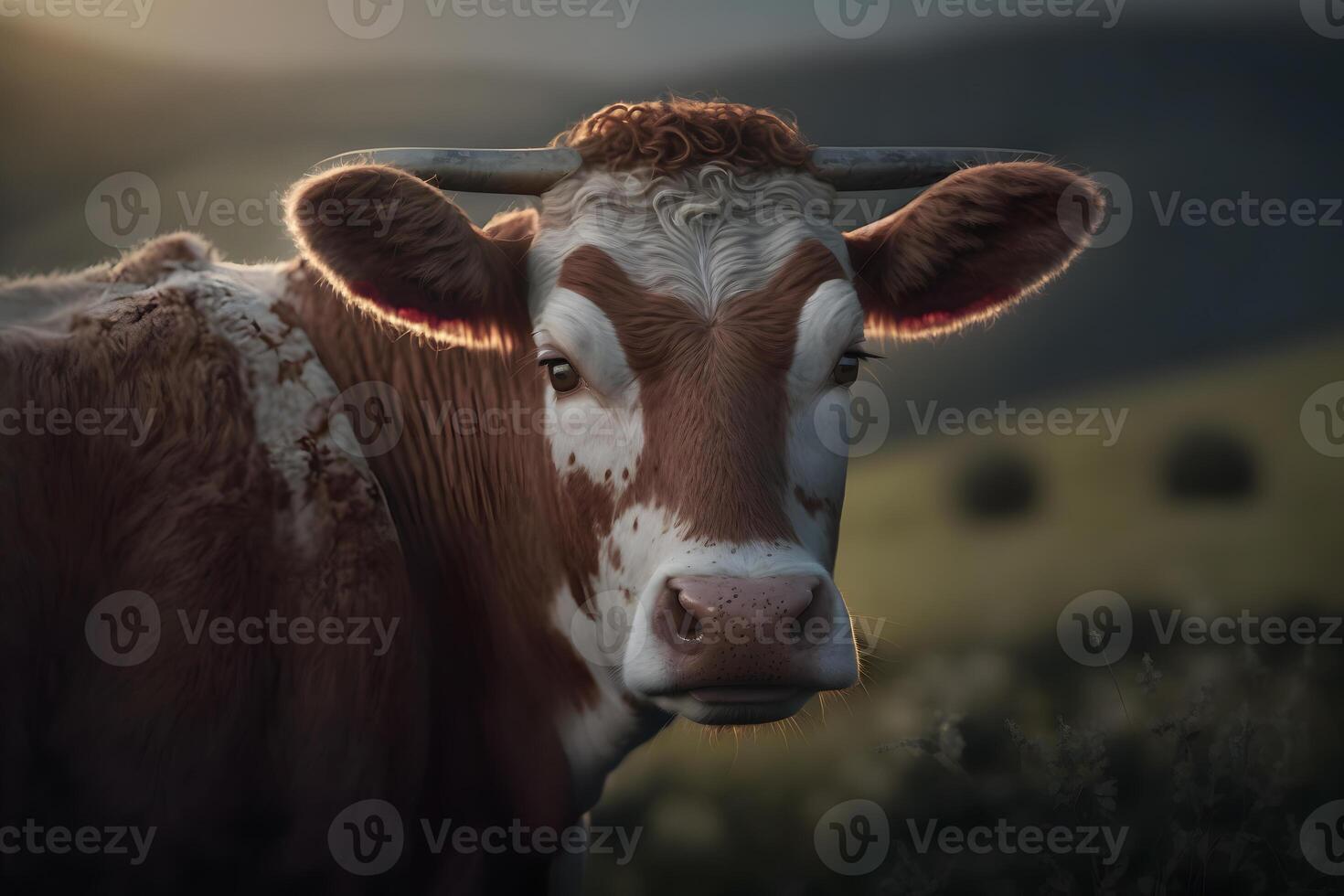 Green meadow in mountains and cow, summer landscape. Neural network photo