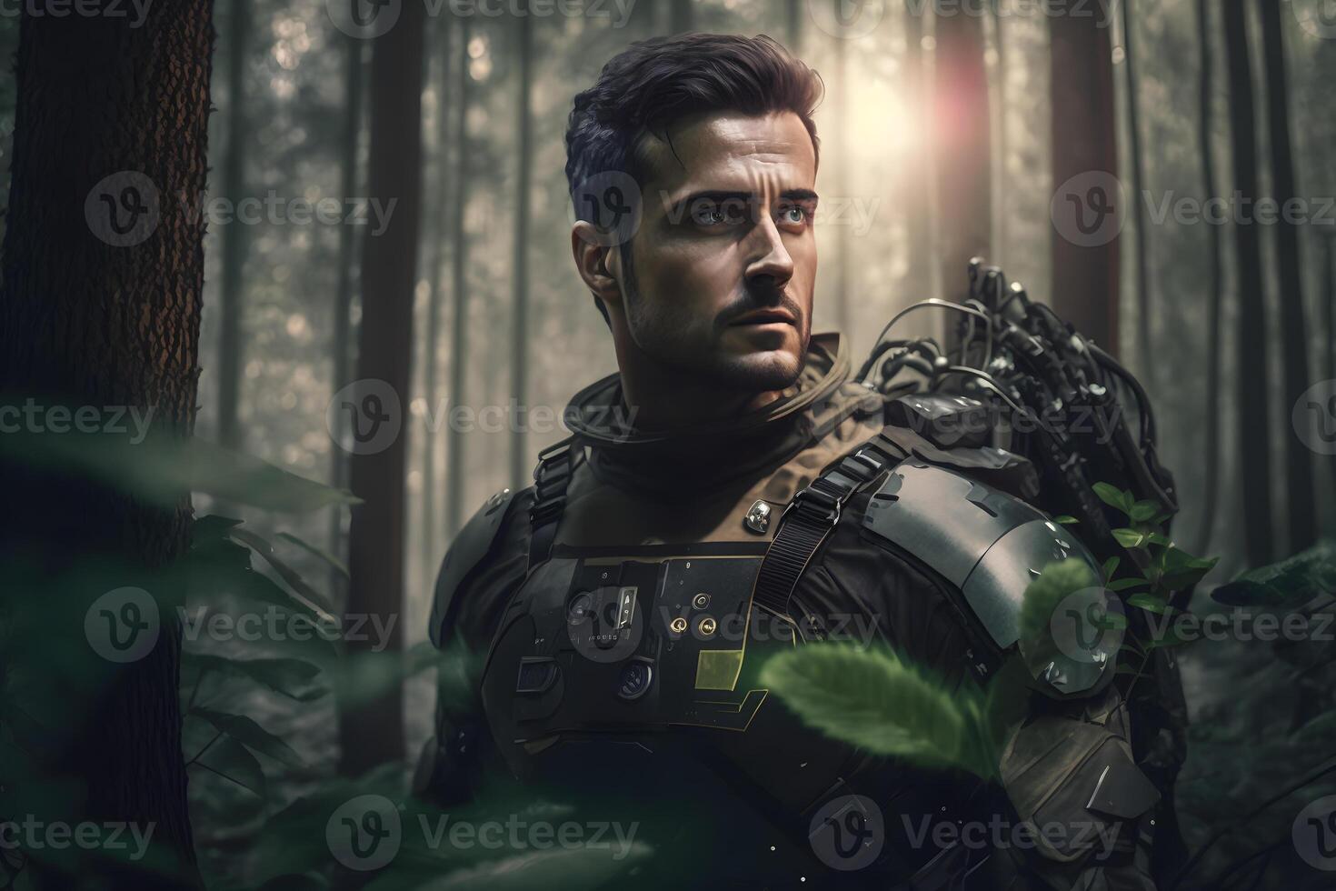 Futuristic soldier on a mission in the jungle. Neural network photo