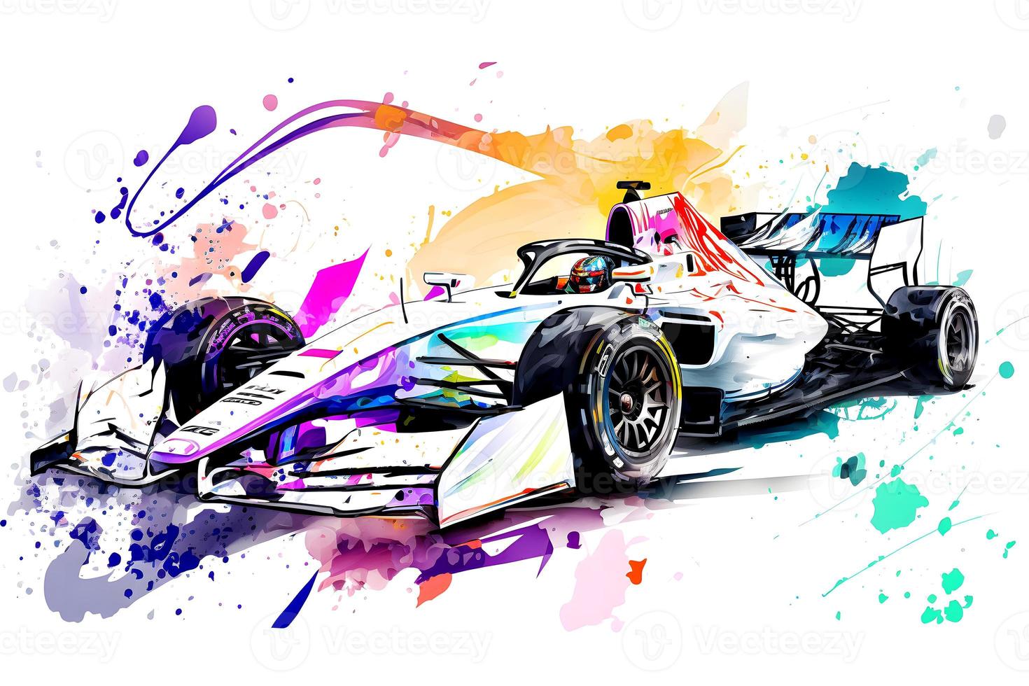 formula one race red car on watercolor rainbow splash, isolated on white. Neural network generated art photo