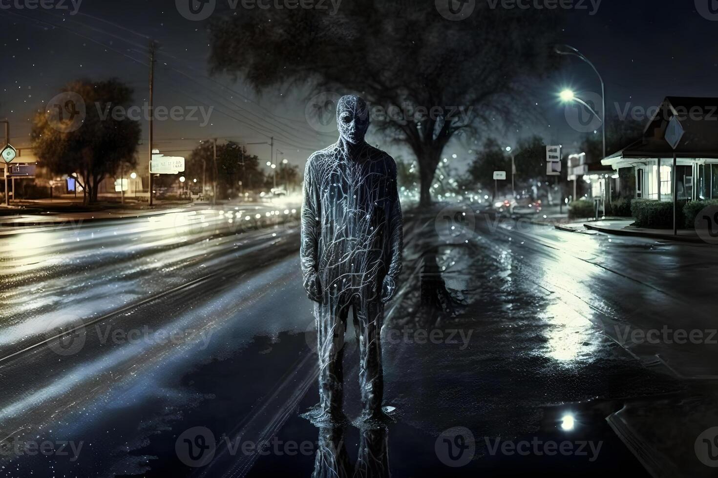 Scary zombie on the road of the night city. Neural network photo