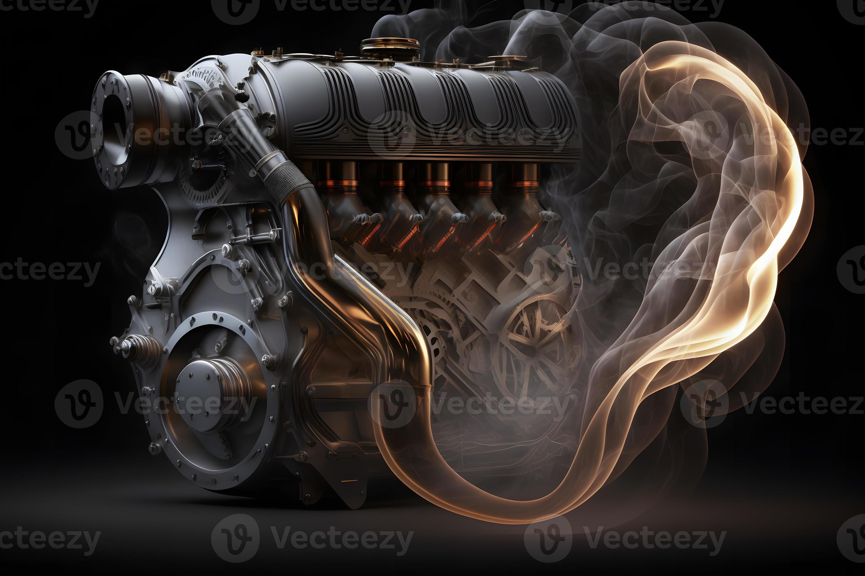 Modern car engine on deep solid black background. Neural network