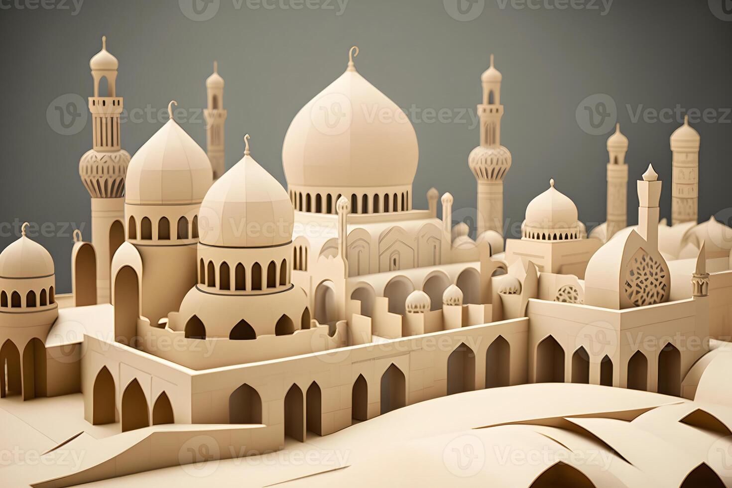 Illustration of city with mosque on the night of Ramadan Kareem. Neural network photo