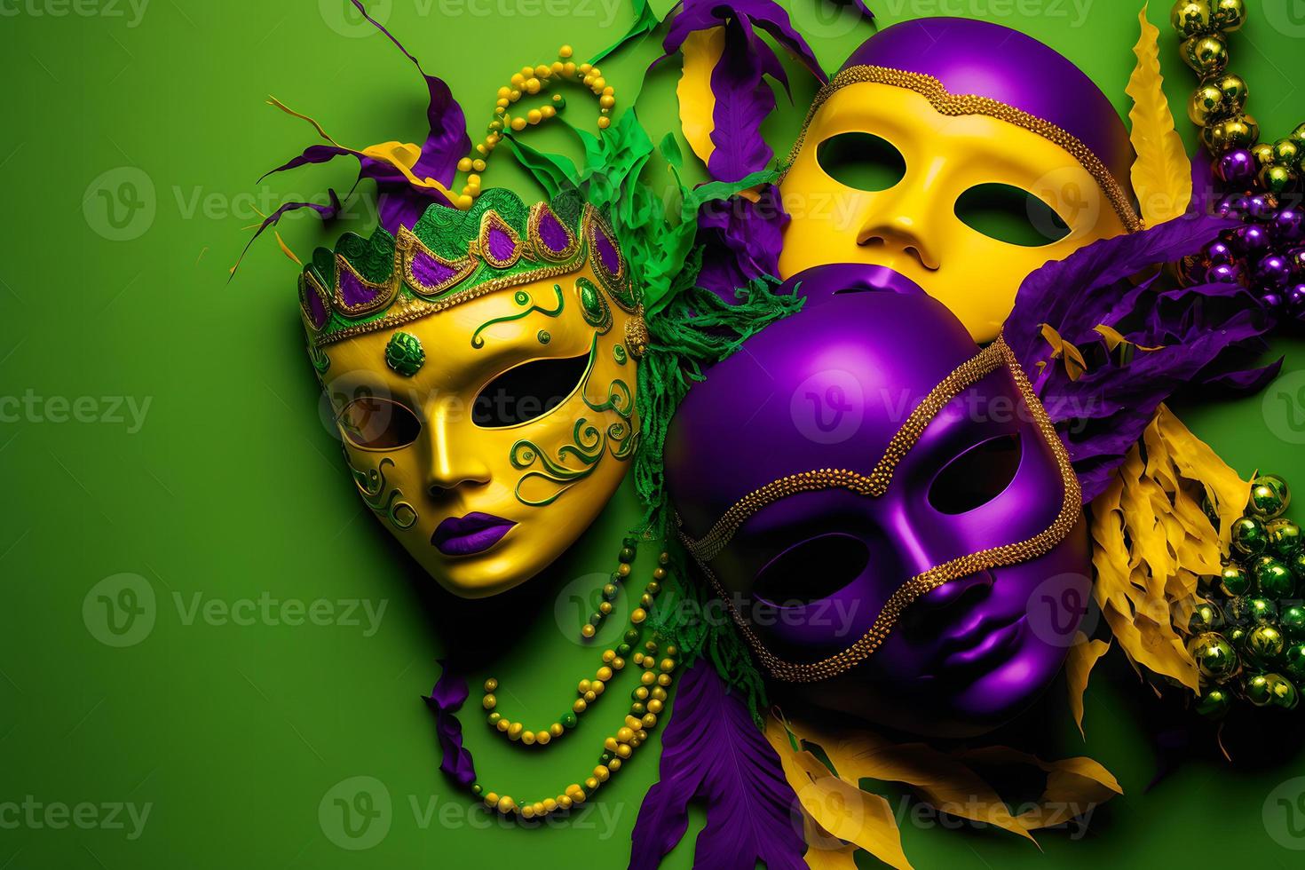 Group of venetian mardi gras mask or disguise on a colorful bright background. Neural network generated art photo