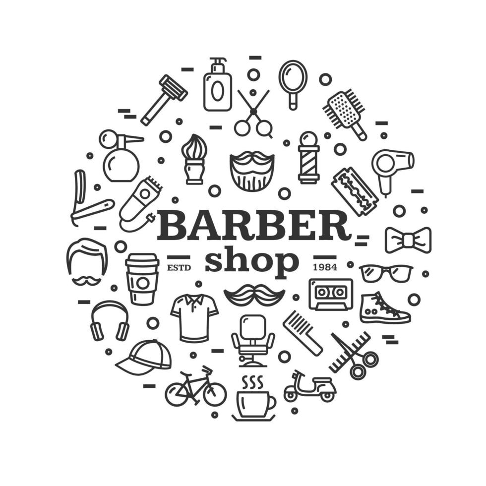 Barber Shop Sign Round Design Template Thin Line Icon Banner. Vector