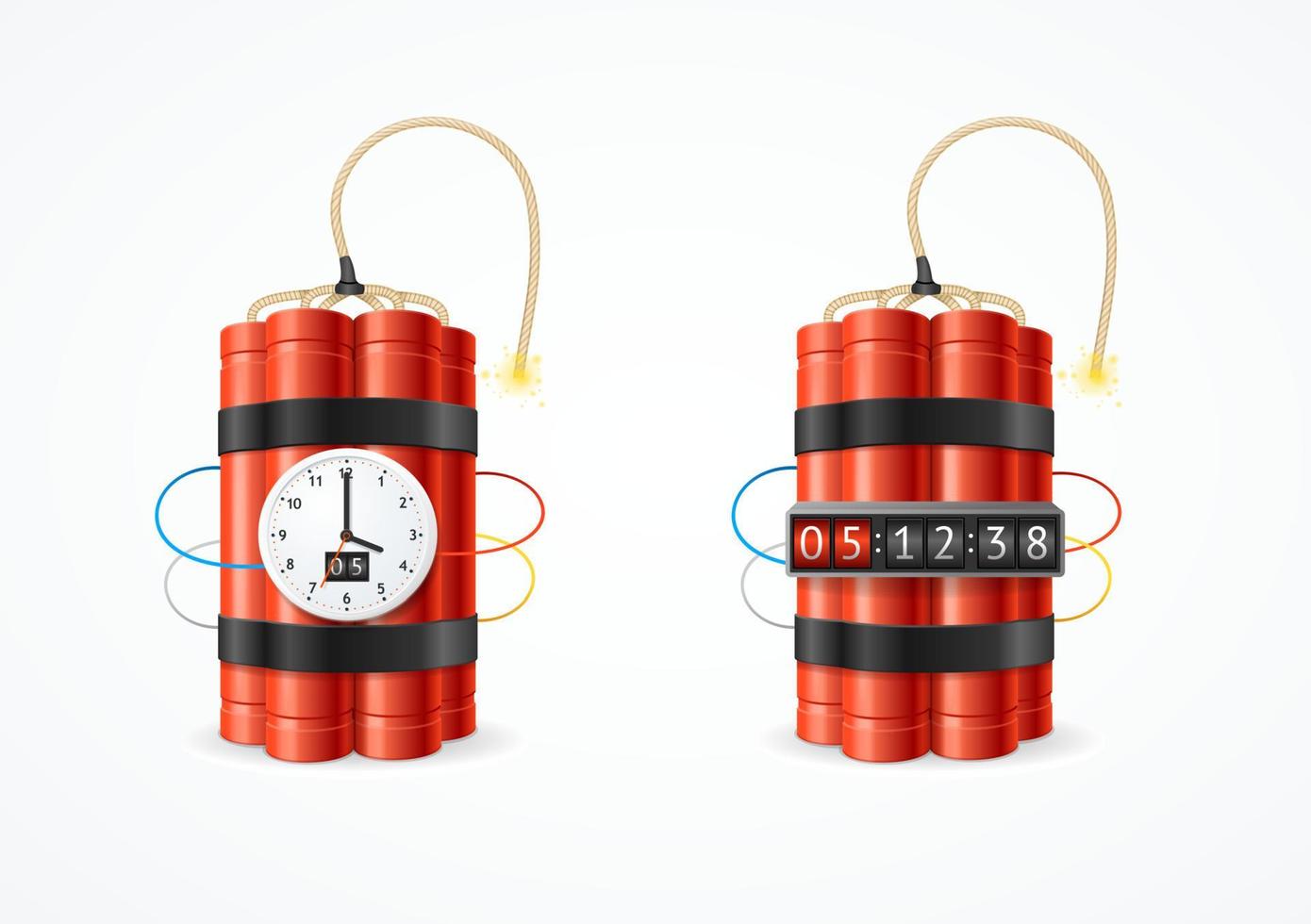 Realistic Detailed 3d Red Detonate Dynamite Bomb Stick and Different Timer Clock Set. Vector