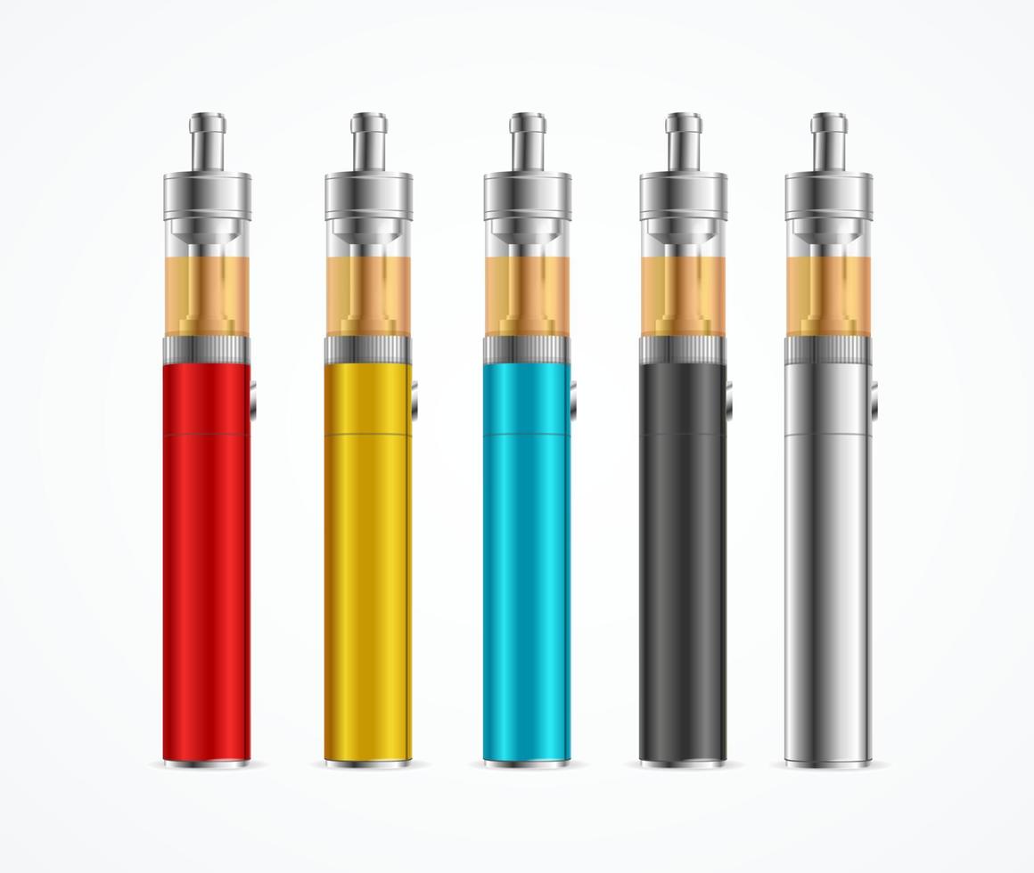 Realistic Detailed 3d Different Color Vape Pen or Electronic Cigarette Set. Vector