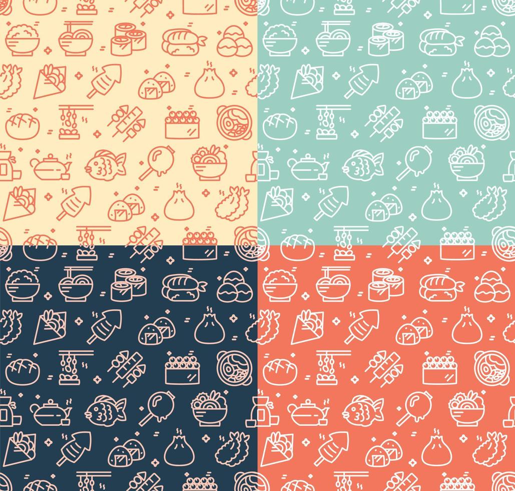 Japan Food Sign Thin Line Seamless Pattern Background Color Set. Vector