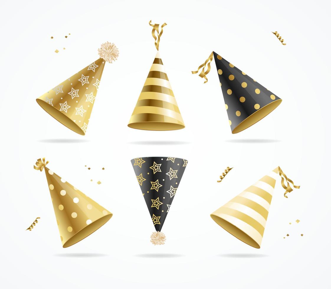Realistic 3d Detailed Gold Party Hat Set. Vector