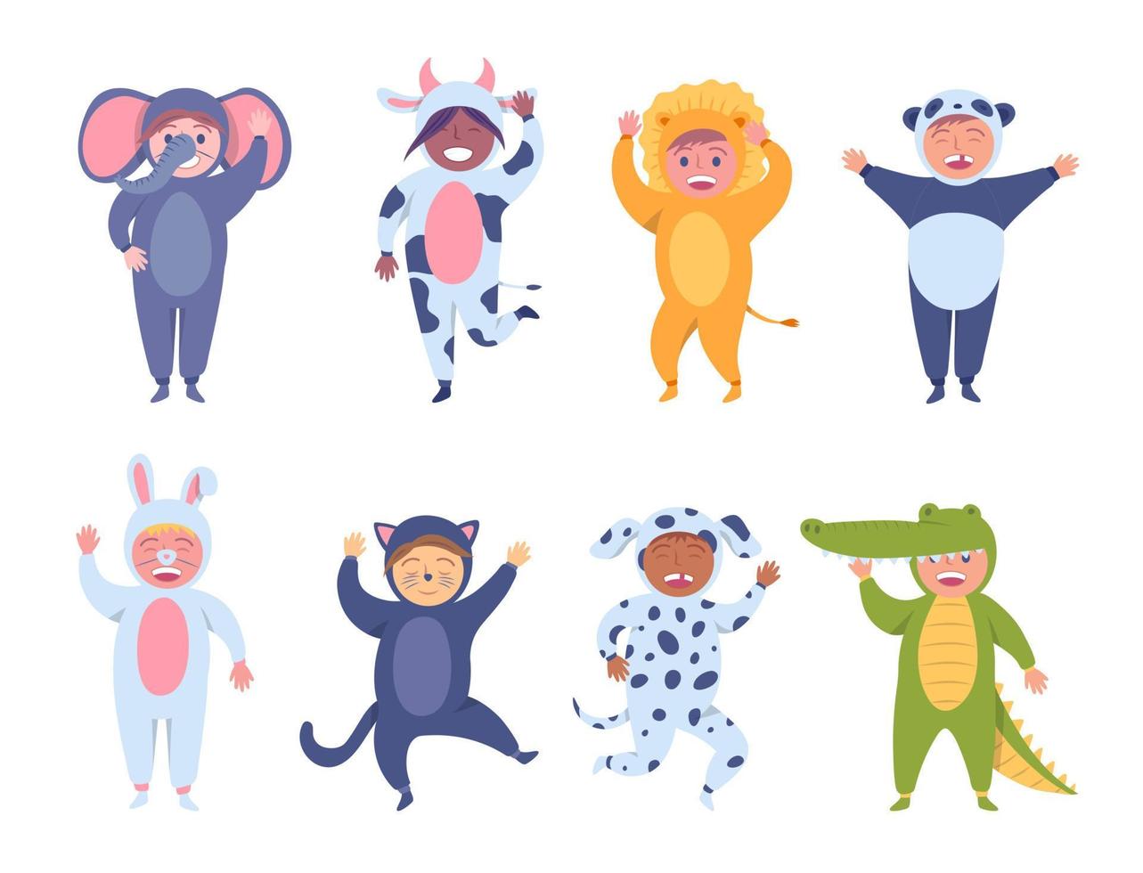 Cartoon Color Characters Children Animal Costume Set Concept. Vector