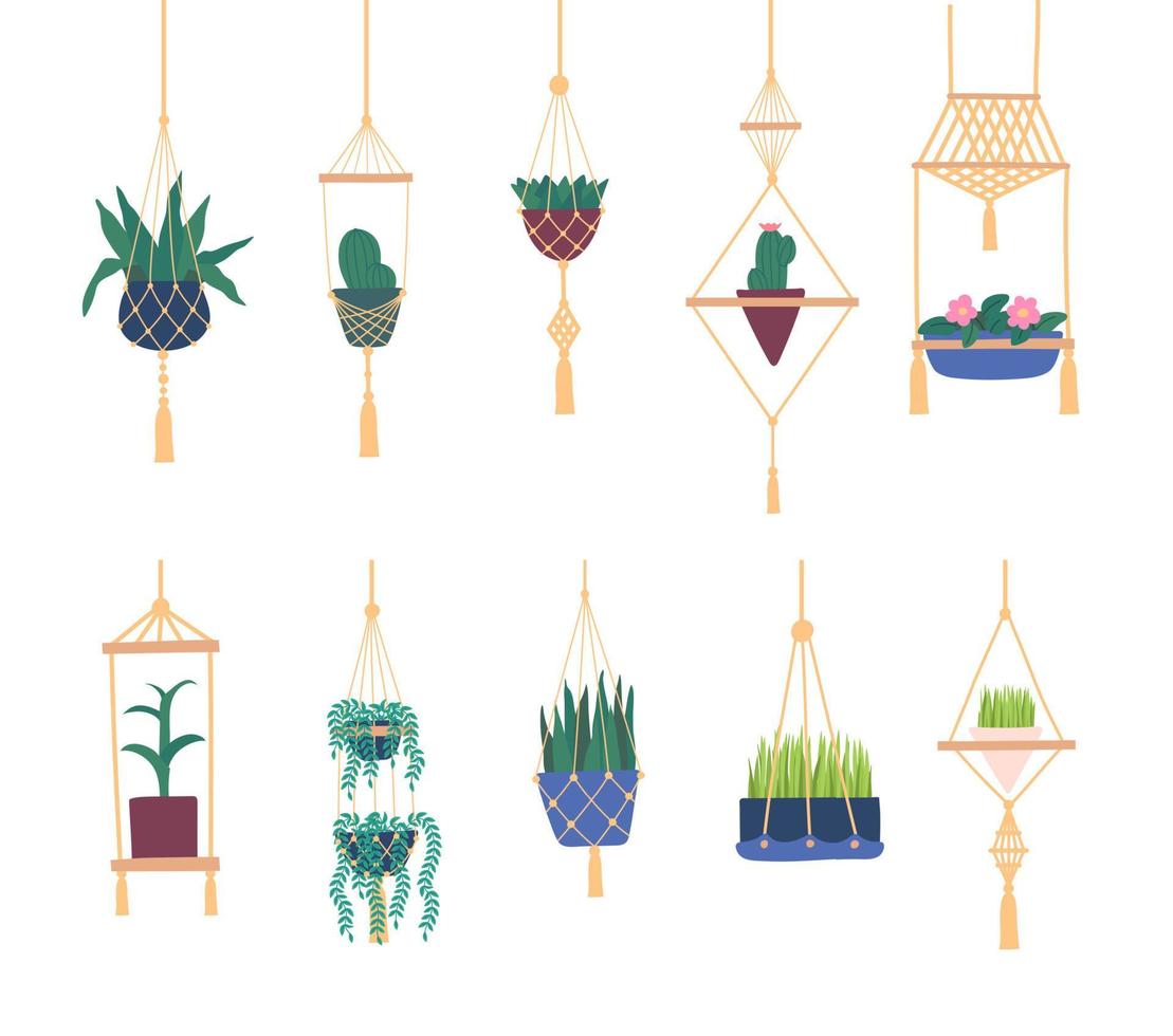 Cartoon Color Macrame Hangers and Plants Icons Set. Vector