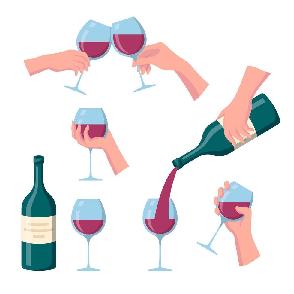 Cartoon Color Drinking Red Wine Set. Vector