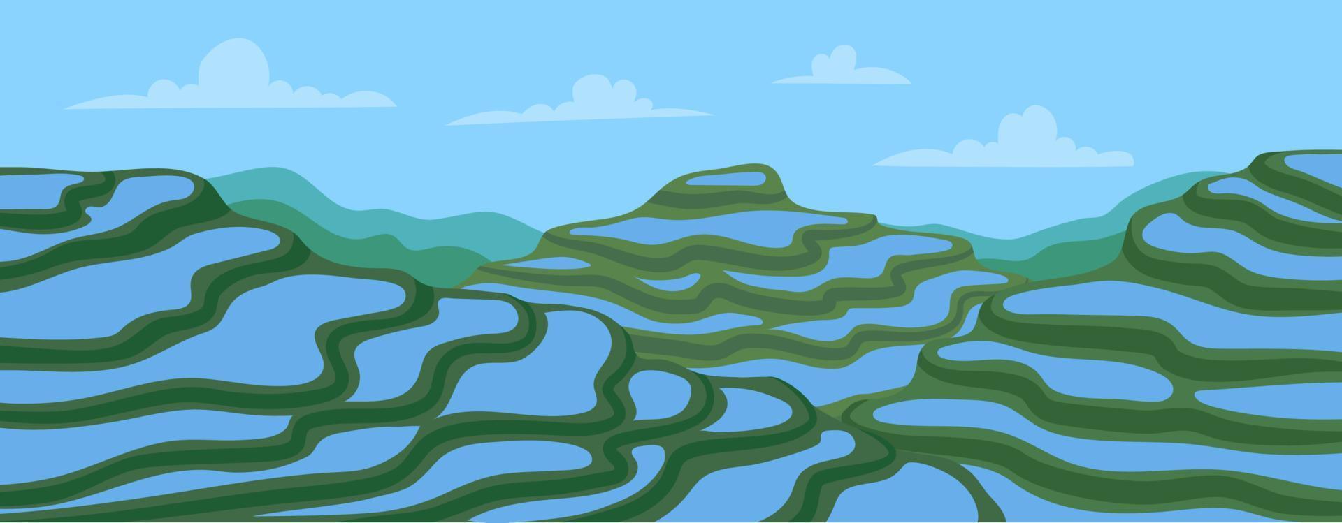 Cartoon Terraced Asian Rice Fields Landscape Concept. Vector