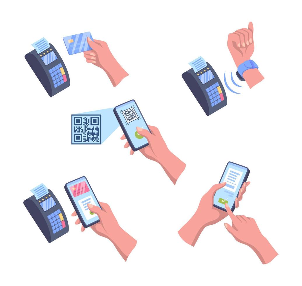 Cartoon Color Human Hands and Payment Mobile Concept Set. Vector