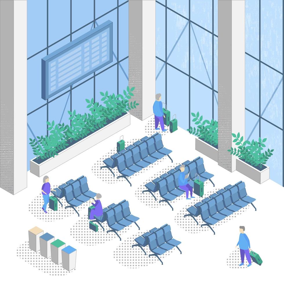 Airport Waiting Area 3D Isometric View. Vector