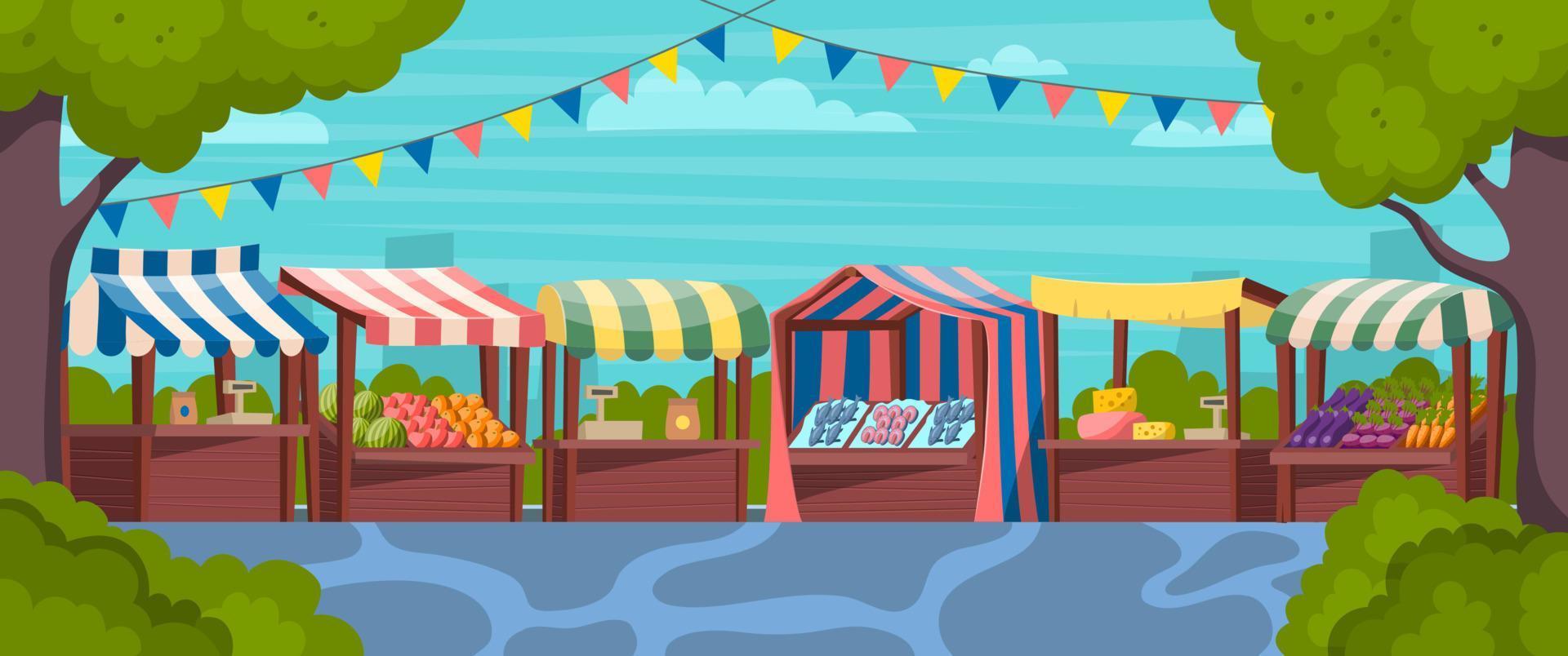 Cartoon Color Food Market Landscape Scene Concept. Vector