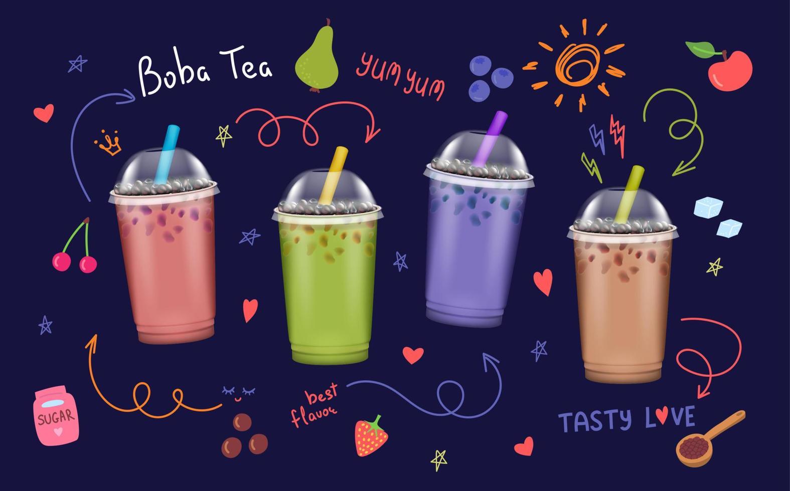 Realistic Detailed 3d Bubble Milk Tea Set. Vector