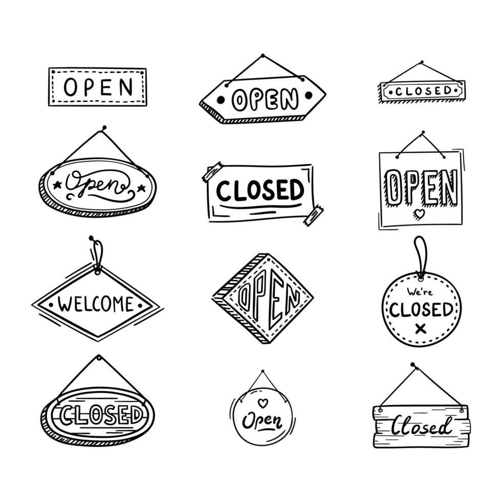 Open Signs Doodle Thin Line Icons Set. Vector