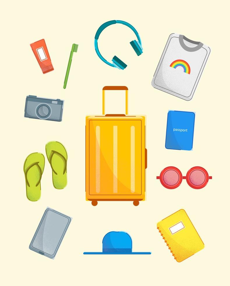 Cartoon Color Travel Suitcase Packing Luggage Elements Set. Vector