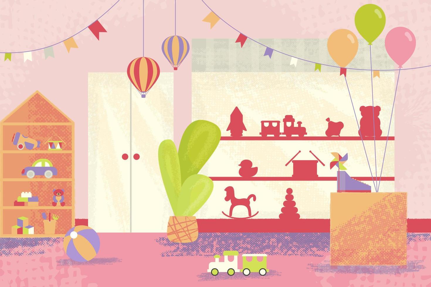 Cartoon Color Toys Shop Interior Inside Concept Flat Design Style. Vector illustration of Kid Goods Store