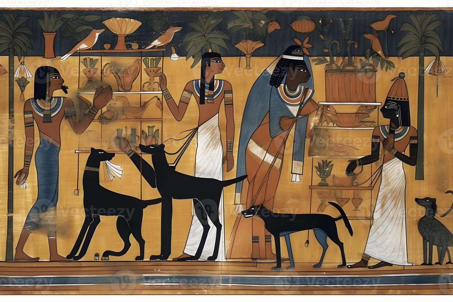 Ancient Egyptian drawings and hieroglyphs on the wall in the temple. Neural network photo