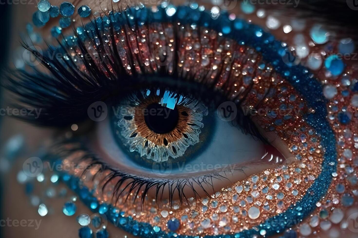 Woman eyes with beautiful glitter makeup. Neural network photo