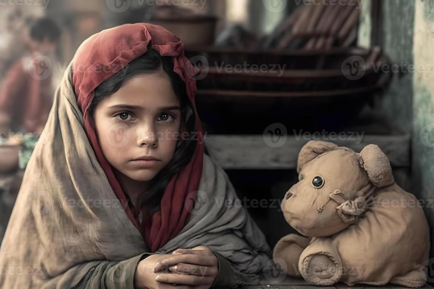 Little girl with a teddy bear during the war. Evacuation children. Neural network photo