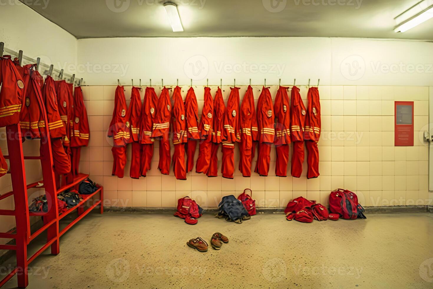 Locker room of a fire department with protection uniforms and helmets. Neural network photo