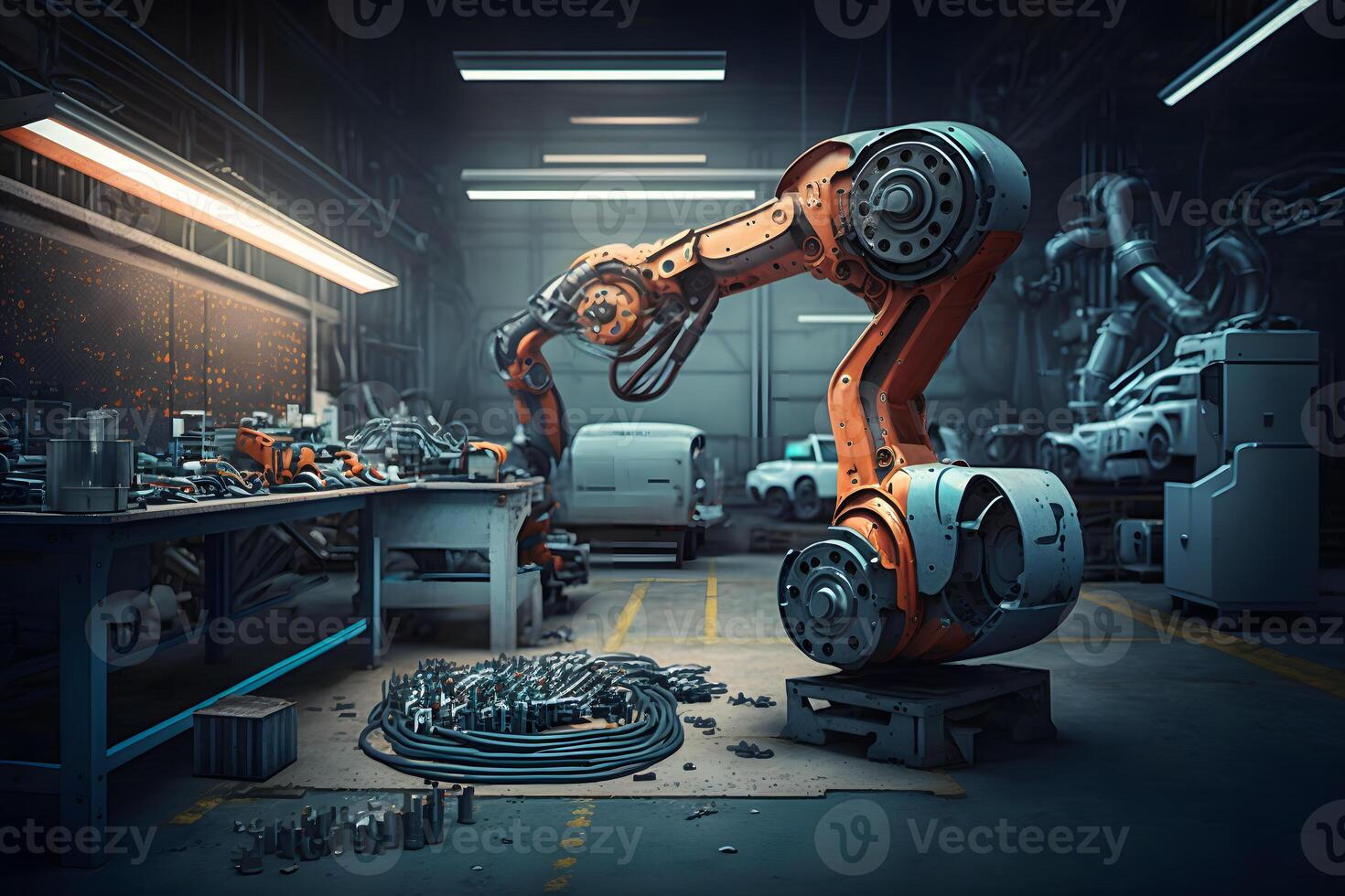 New robot setting of machine welding for the production line of vehicle industrial factory. Neural network photo