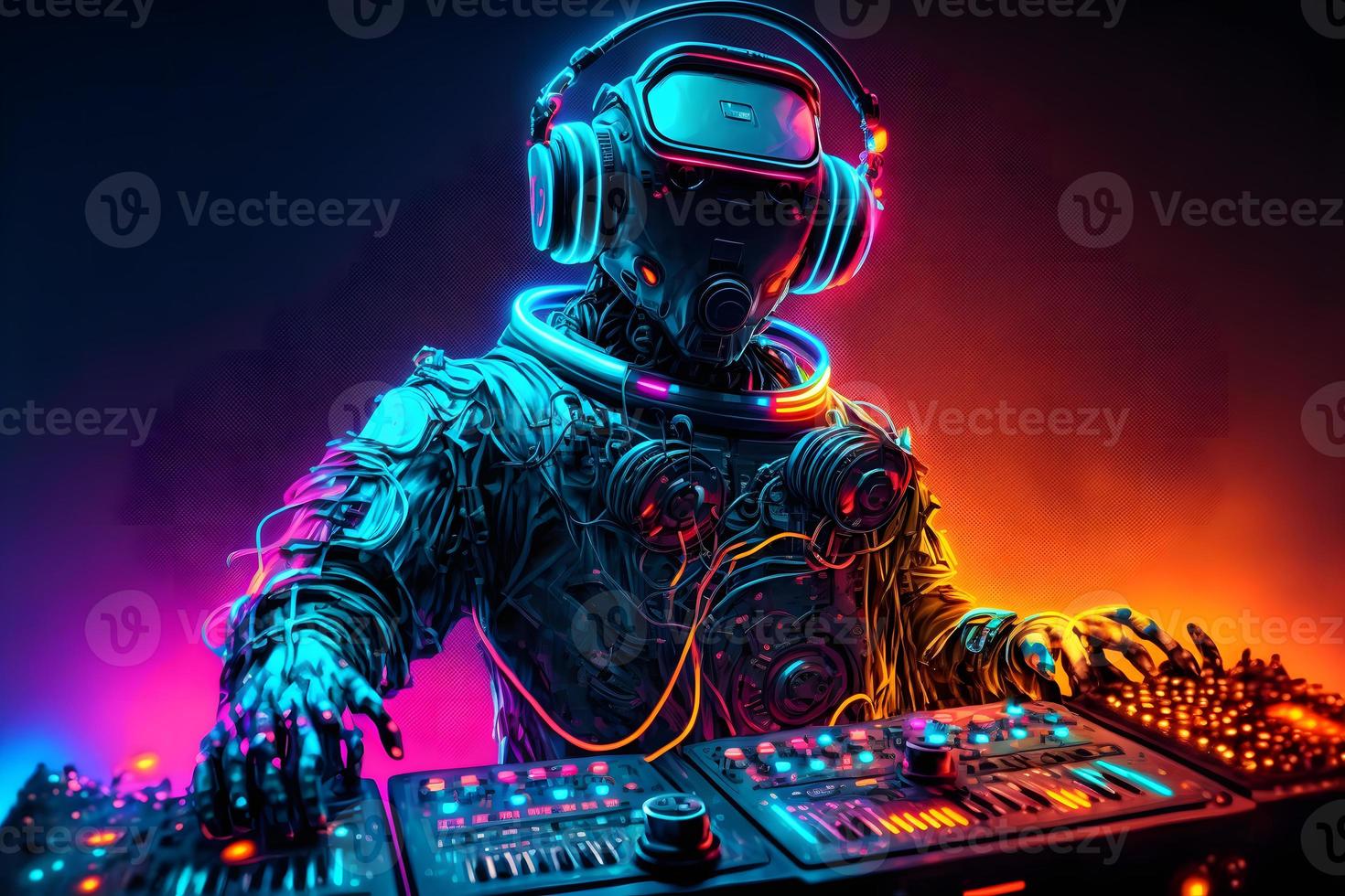 Robot disc jockey at the dj mixer and turntable plays nightclub during party. EDM entertainment party concept. Neural network generated art photo