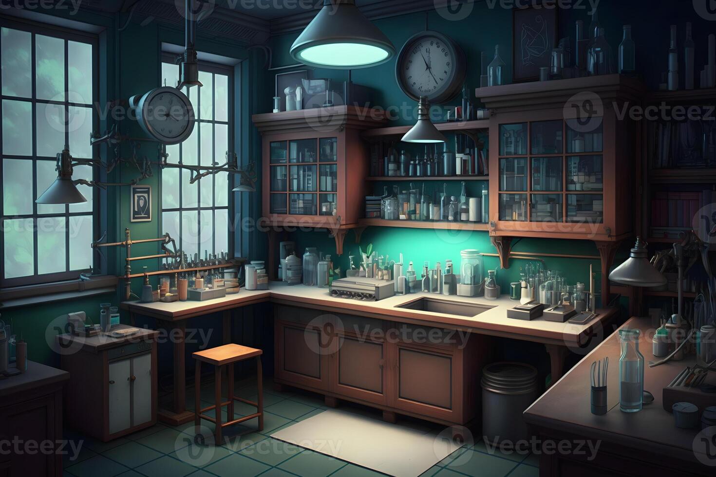 Vintage Old medical, chemistry and pharmacy history concept background. Retro style. Neural network photo