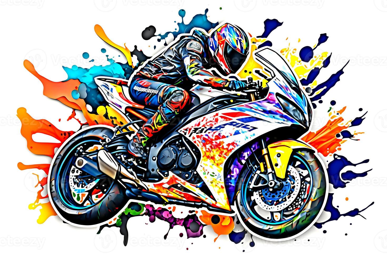 Sticker of Biker on sport motorcycle in watercolor style on white background. Neural network generated art photo