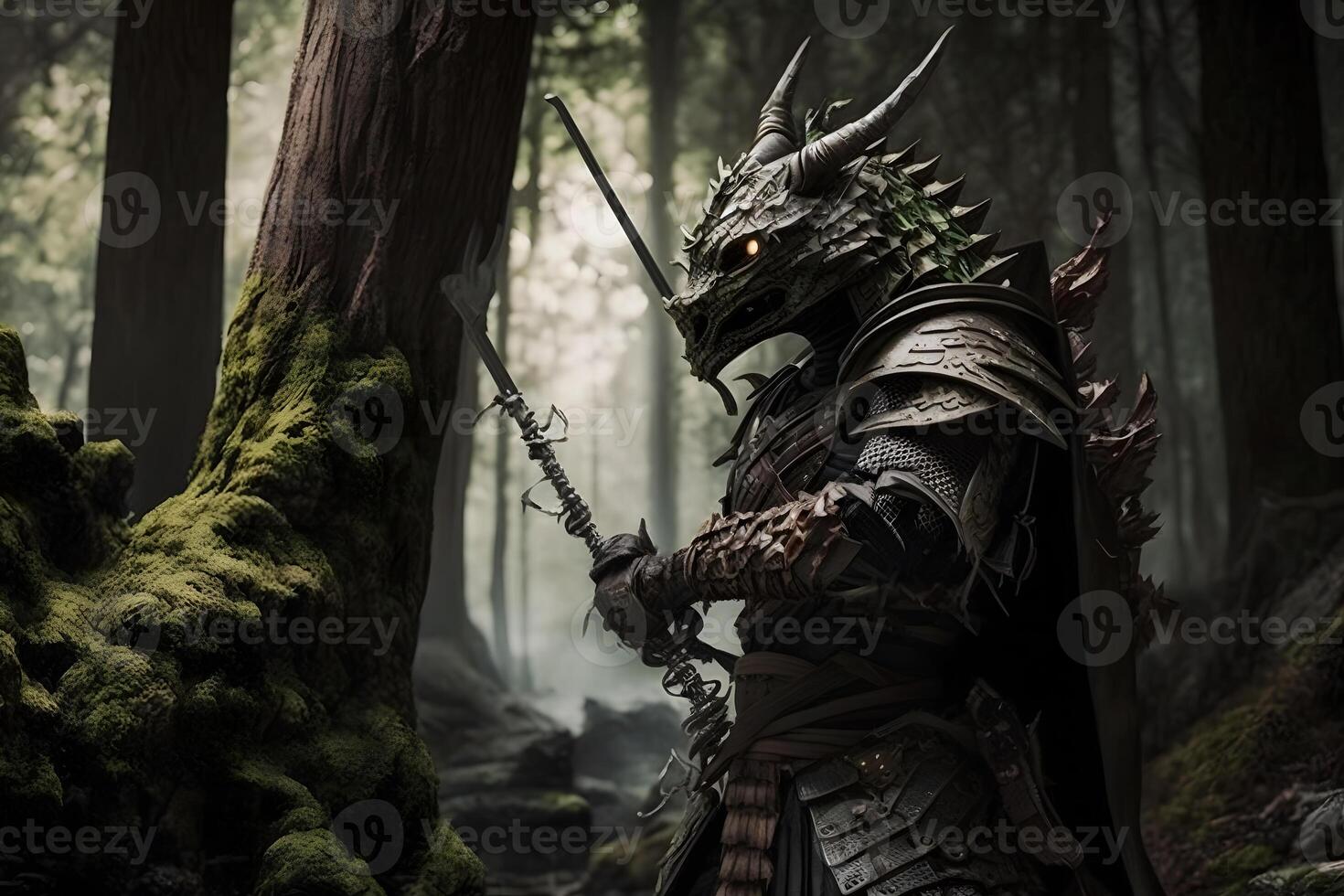 Fantasy dragon samurai in the forest. Neural network art photo