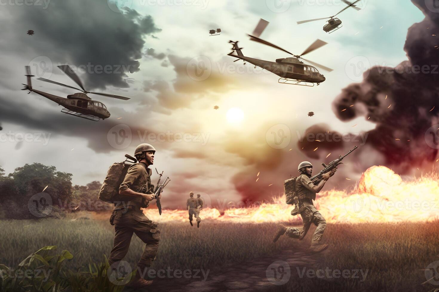 Vietnam war with helicopters and explosions. Neural network photo