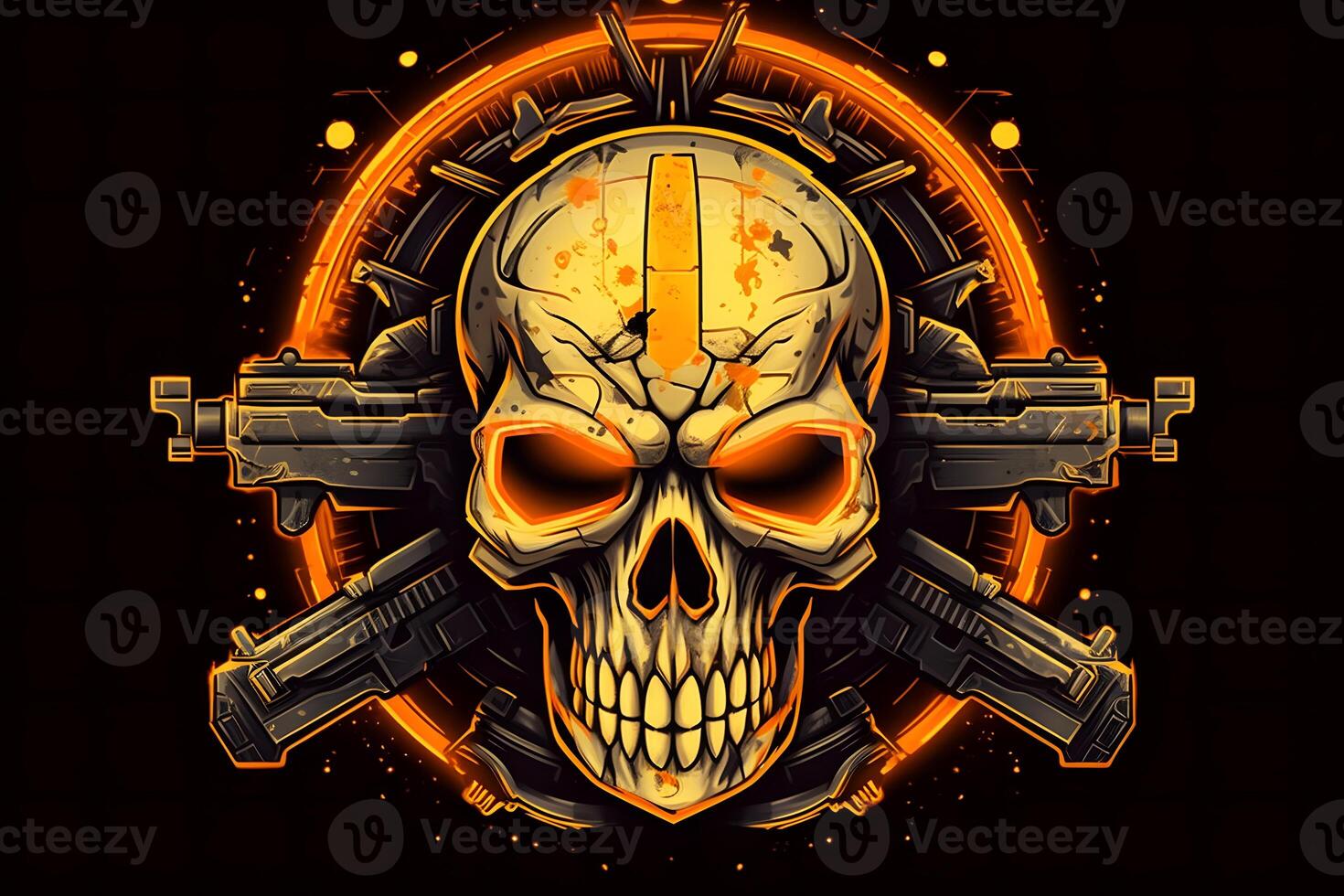 Yellow punk cyber human skull with weapon. Neural network photo