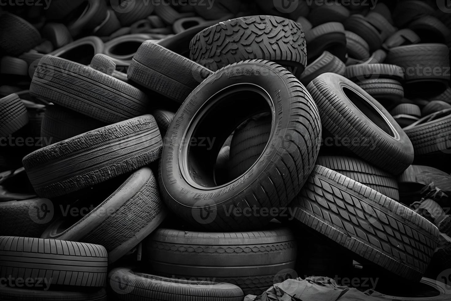 Big pile of used old car tires for recycling. Neural network generated art photo