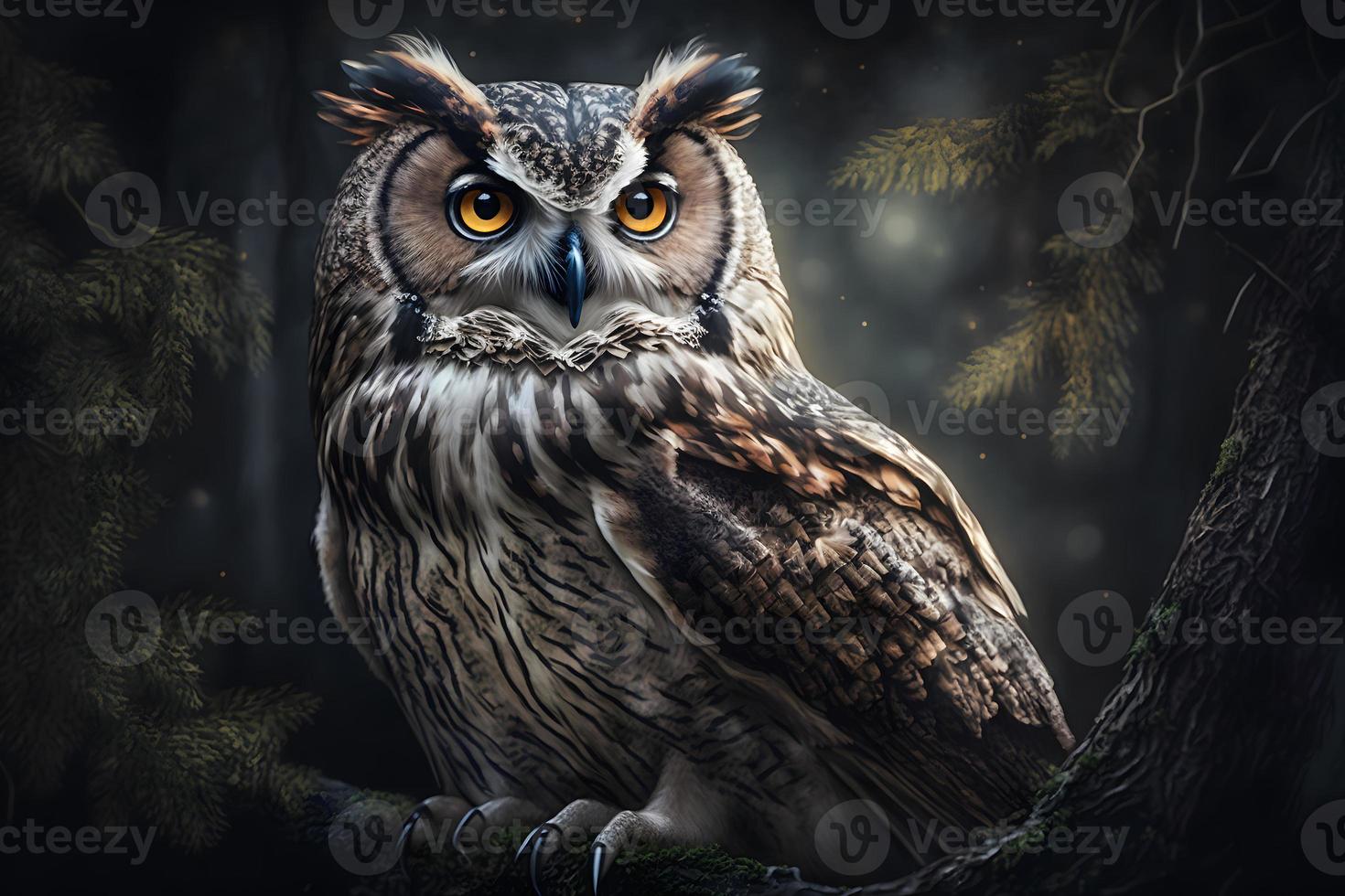 European eagle owl perched on a post and staring forward against a dark background the eyes are penetrating the viewer. Neural network generated art photo